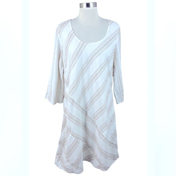 Soft Surroundings White Tan Sz PS Asymmetrical Stripe Linen Blend Shift Dress - Picture 2 of 8